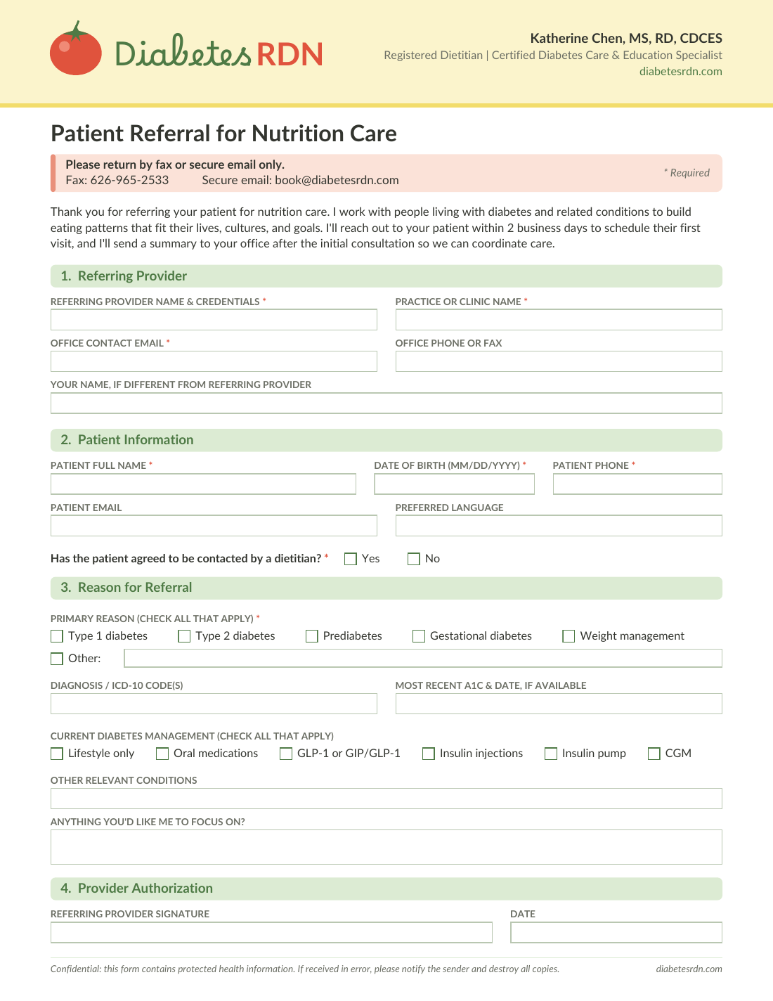 Preview of the DiabetesRDN patient referral form