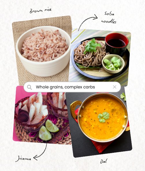 Whole grains and complex carbs: brown rice, soba noodles, jicama and dal